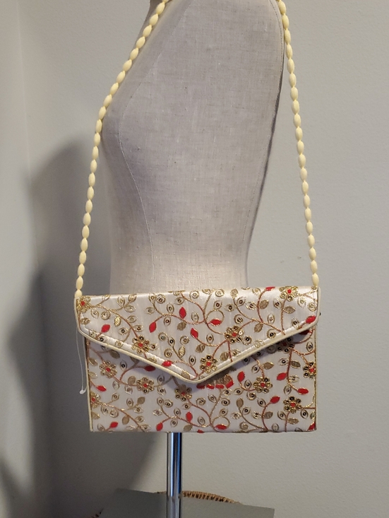 Handbags - Embroidered Ivory Evening Clutch with Gold Accents